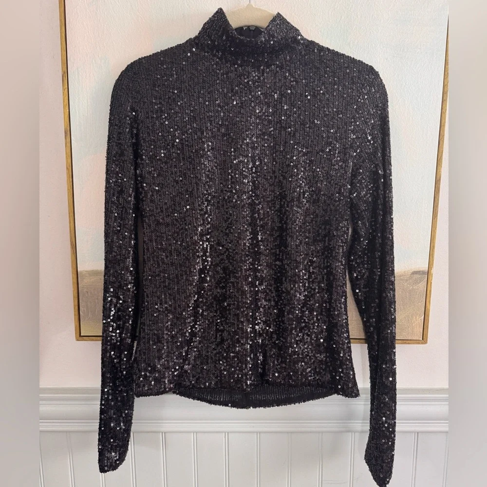 RONNY KOBO Black Sequin Tivia Top Mock Neck Turtleneck Size M - Picture 2 of 7